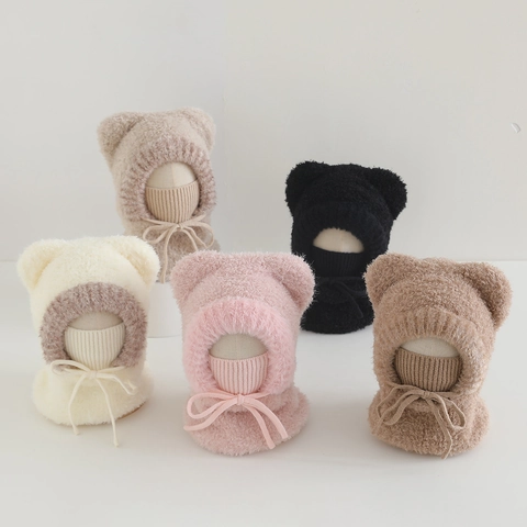 Passamontagna In Maglia Di Peluche Per Bambini Cappello Sciarpa Maschera Integrata Inverno Caldo Orecchie Di Orso