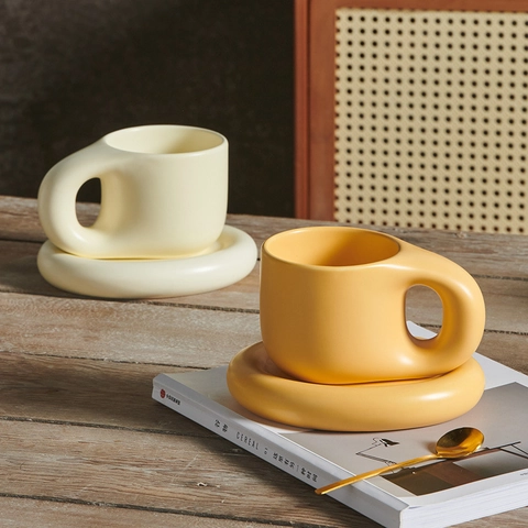 Ceramic Chubby Mug With Saucer Thick Handle Heat Resistant Coffee Cup Porcelain Microwave Safe Solid Color Decorative