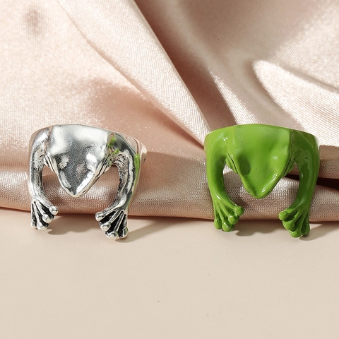 Frosch Offener Ring Kupfer Mit 925 Silber Beschichtet Grün Emaille Retro Tier Verstellbarer Fingerschmuck Für Damen