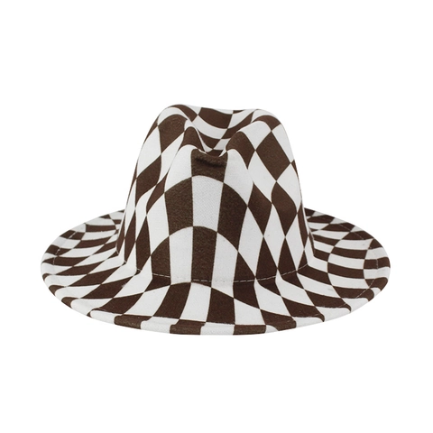Fedora Hoed Met Brede Rand Schaakbordpatroon Polyester Vilt Jazz Cap Vintage Britse Stijl Voor Volwassenen
