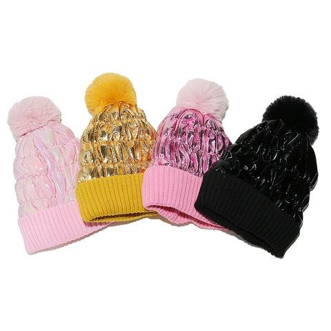 Winter Strickmütze Für Damen Mit Künstlicher Fellpompon Metallisch Beschichtete Warme Thermomütze Für Den Alltag Modeaccessoire