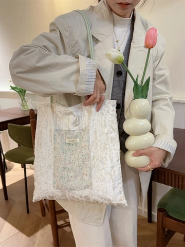 Vintage French Style Lace Velvet Tote Bag Embroidery Floral Butterfly Sequin Denim Large Capacity Shoulder Handbag Women Fashion