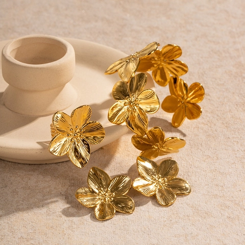 Edelstahl Blumen Schmuckset Für Damen 18K Vergoldet Floral Ohrringe Ring Halskette Armreif Hochzeit Strand Schmuck