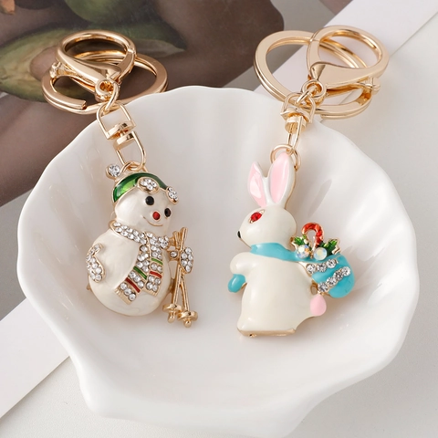 Porte-Clés De Noël Alliage Émail Strass Arbre Bonhomme De Neige Lapin Pendentif De Sac Décoratif Cadeau