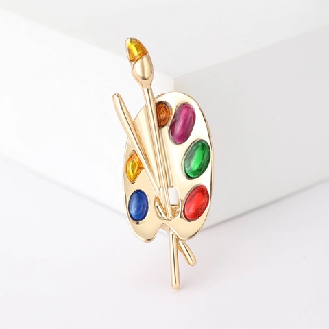 Vintage Creative Artistic Palette Brush Brooch Pin Alloy Multi-color Enamel Rhinestone Painter Artist Gift Jewelry Accessory