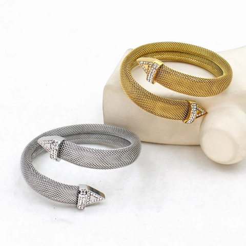 Hip Hop Stainless Steel Mesh Open Bangle Women Gold Silver Plated Triangle Rhinestone Pave Adjustable Spiral Bracelet Jewelry