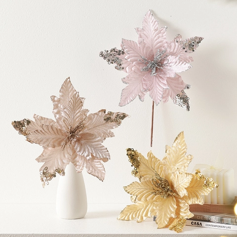 Artificial Christmas Poinsettia Flowers Shiny Glitter Sequin Fabric Cloth Handmade Ornament Tree Decoration Holiday Home Party