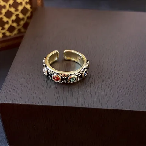 Barock Retro Verstellbarer Offener Ring Kupfer Mit Bunten Zirkonia Und Emaille Für Damen Vintage Zeigefinger Schmuck