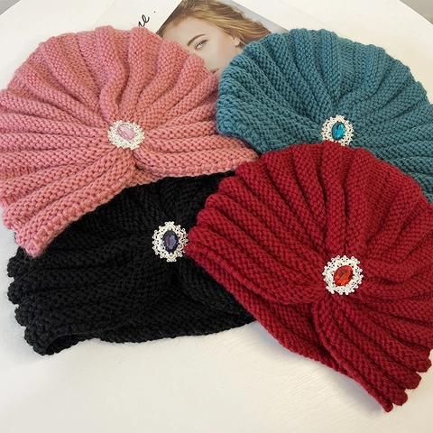 Women Winter Warm Acrylic Knitted Turban Hat Vintage Rhinestone Artificial Gemstone Ethnic Style Indian Beanie Cap Headwrap