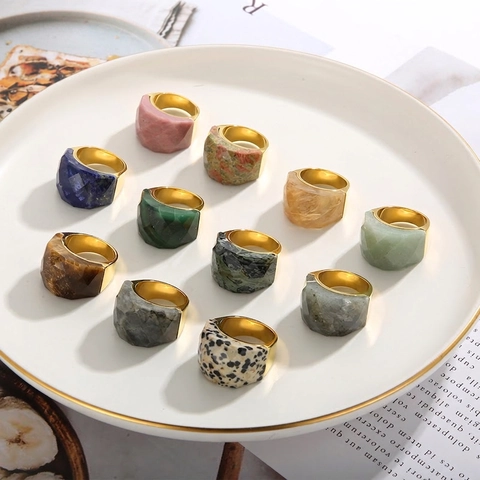 Natural Stone Stainless Steel Ring Geometric Faceted Exaggerated Fashion Statement Jewelry For Women