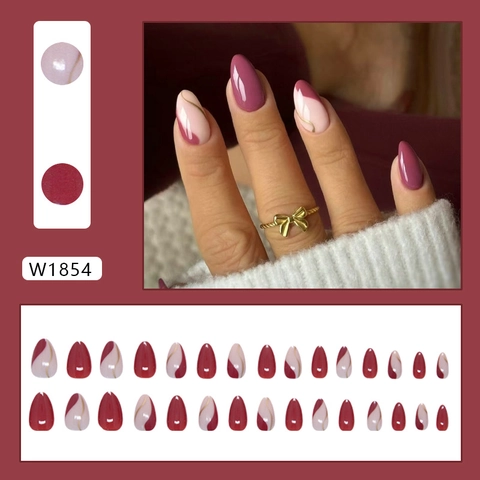 Unghie Finte Eleganti Mandorla Magenta E Rosa Con Linea Dorata Lucide Unghie Artificiali In ABS Per Donne
