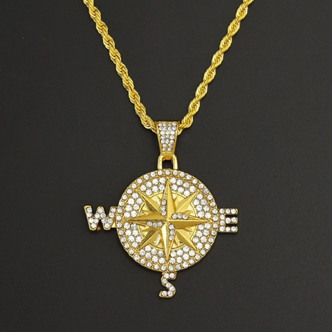 Hip Hop Gold Legierung Kompass Anhänger Halskette Mit Strass Eingelegt Gedrehte Seilkette Für Damen Herren Trend Schmuck