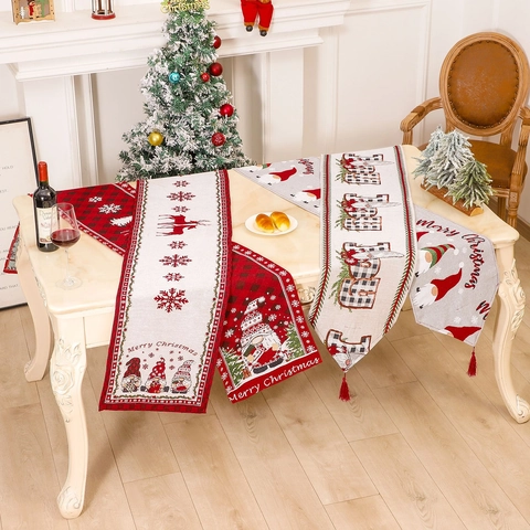 Camino De Table Navidad Poliéster Algodón Jacquard Gnomo Reno Copo De Nieve Borlas Decoración De Mesa Cocina Festiva