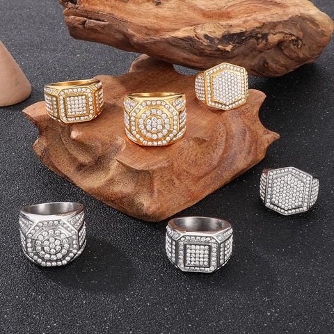 Hip Hop Signet Ring Stainless Steel Iced Out Rhinestone Geometric Square Hexagon Jewelry For Men Luxury Fashion