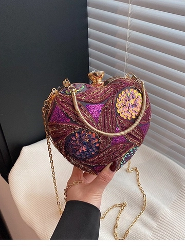 Heart Shaped Evening Bag Sequin Bead Embroidery Vintage Clutch Purse With Metal Handle And Chain Strap For Women Elegant