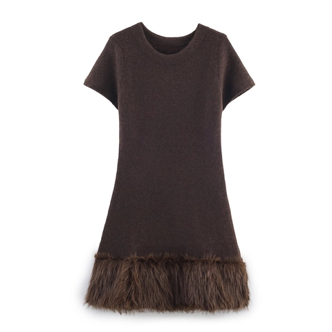 Short Sleeve Dress Faux Fur Trim Knit Polyester Round Neck Solid Coffee Brown Slim Fit Elegant Socialite Style