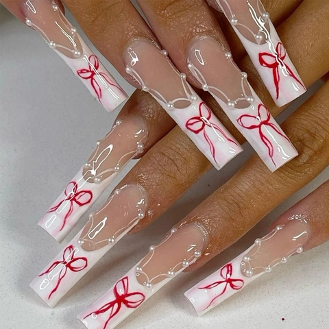 French Extra Long Square Press On Nails Red Bowknot Faux Artificial Pearl Decoration Sweet Ballerina Style Artificial Nails