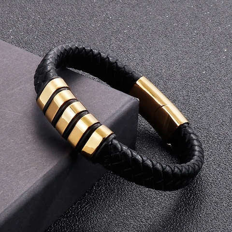 Bracciale Da Uomo In Vera Pelle Intrecciata Con Chiusura Magnetica In Acciaio Inossidabile Gioielli Punk Hip Hop