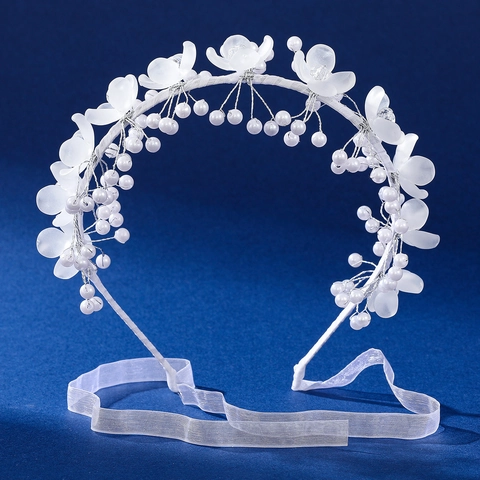 Cerchietto Matrimonio Damigella Fiore Acrilico Bianco Perla Artificial Sintetica Tessitura Manuale Stile Fata Accessorio Capelli