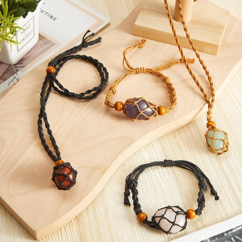 Collar Y Pulsera Con Colgante De Piedra De Cristal Natural Bolsa De Red De Cuerda Encerada Tejida A Mano Estilo Bohemio