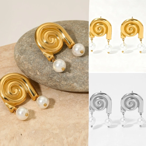 Orecchini In Acciaio Inossidabile Conchiglia Spirale Con Künstliche Perle Sintetiche Design Astratto Gioielli Da Vacanza Per Donne