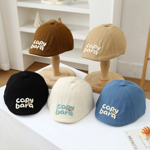 Kids Beret Hat Cotton Embroidery Capybara Letter Print Sun Protection Adjustable Flat Cap For Toddler Boys Girls
