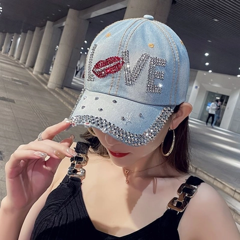 Women Denim Baseball Cap Rhinestone LOVE Letter Sequined Lip Adjustable Sun Protection Casual Streetwear Fashion Hat