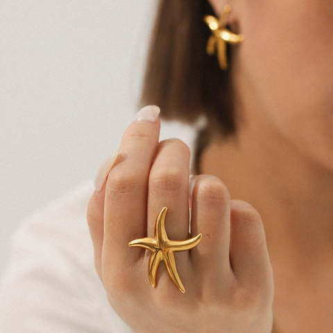 Starfish Star Ring For Women Stainless Steel Gold Plated Open Adjustable Ocean Style Tarnish Free Jewelry