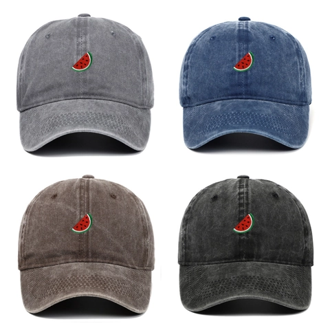 Vintage Washed Cotton Baseball Cap With Watermelon Slice Embroidery Adjustable Retro Dad Hat Casual Sports Sun Hat