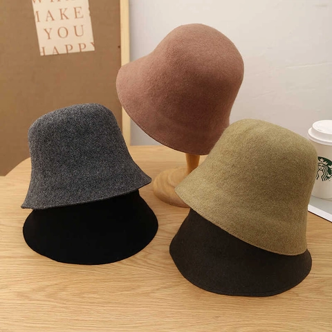 Women Woolen Bucket Hat Solid Color Winter Warm Felt Basin Hat Elegant Versatile Outdoor Headwear
