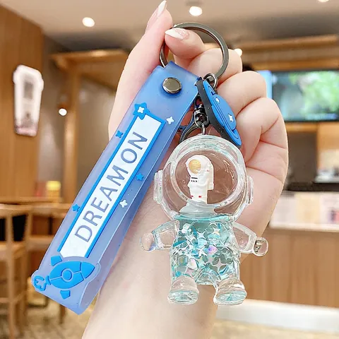 Portachiavi Astronauta Spaziale Sabbie Mobili Liquide Paillettes Acrilico Pendente Borsa Blu Cinturino PVC Regalo Originale