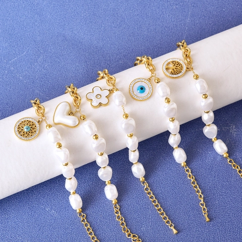Artificial Baroque Pearl Bracelet Stainless Steel Gold Plated Chain Irregular Artificial Pearls Heart Flower Evil Eye Tree Of Life Pendants