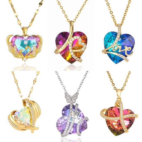 Collana Con Ciondolo A Cuore Acciaio Inossidabile Cristallo Elegante Inciso Love Farfalla Ala Gioielli Per Donna Regalo Moda