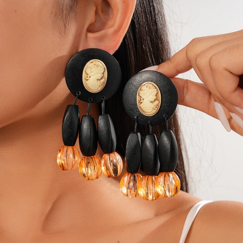 Orecchini Pendenti Ritratto Cameo Vintage Perle In Legno Acrilico Con Perno In Argento Sterling 925 Stile Retrò