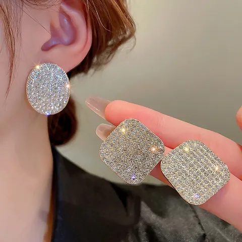 Large Geometric Stud Earrings Alloy Rhinestone Pave With Silver Earring Post Luxury Fashion Jewelry For Women