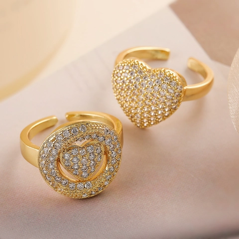 Anello In Rame A Forma Di Cuore Con Micro Pavé Di Zirconia Placcato Oro Lusso Moda Minimalista Aperto Regolabile Per Donna