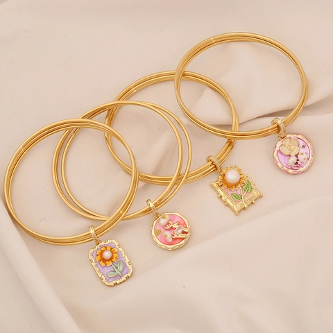 French Retro Stainless Steel Bangle Bracelet With Enamel Flower Charms Zircon Faux Artificial Pearl Gold Plated Jewelry For Women
