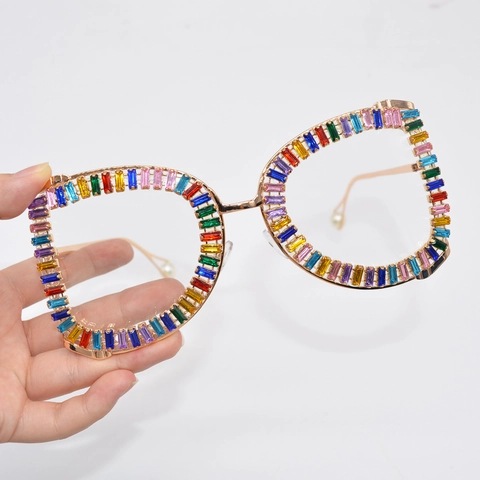 Occhiali Da Sole Oversize Con Strass Cristallo Colorato Montatura In Metallo Decorazione Perla Artificial Moda Donna Festa Novità