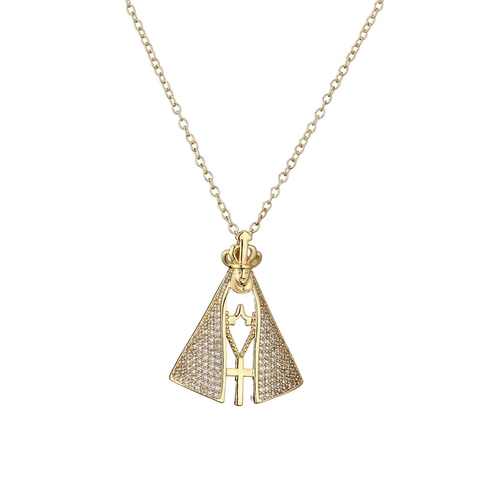 Religious Virgin Mary Cross Pendant Necklace Gold Plated Copper With Cubic Zirconia Retro Fashion Jewelry