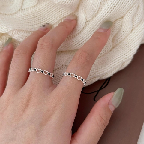 Anello In Argento Sterling 925 Design A Cuore Traforato Con Zirconia Nera Gioielli Di Moda Stile Ins Per Donna