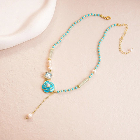 Bohemian Beaded Pendant Necklace With Blue Enamel Flower Artificial Pearl Zircon Square Gemstone For Women Elegant Style