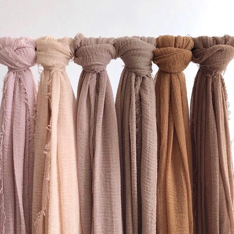 Long Cotton Linen Crinkle Scarf Solid Color Frayed Edges Soft Shawl Hijab For Women Retro Style