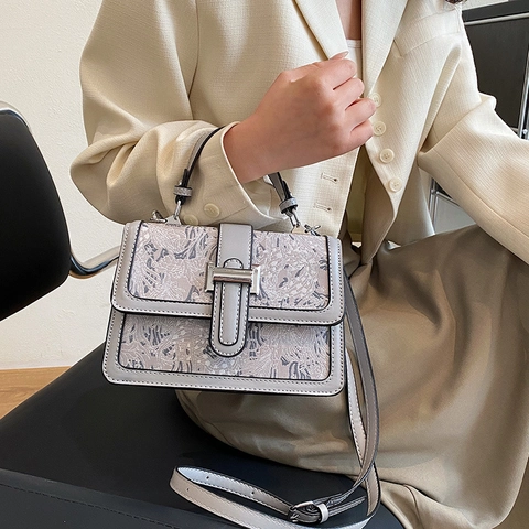 Women Square Crossbody Bag PU Leather Jacquard Floral Pattern Handbag Detachable Shoulder Strap Vintage Elegant