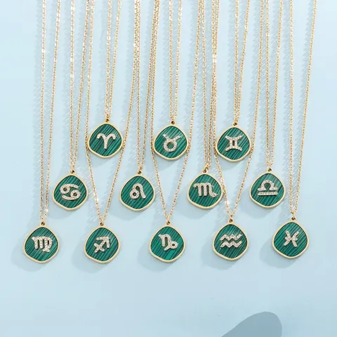 Collier Pendentif Signe Du Zodiaque Acier Inoxydable Plaqué Or Vert Imitation Malachite Strass Bijoux Constellation Femmes