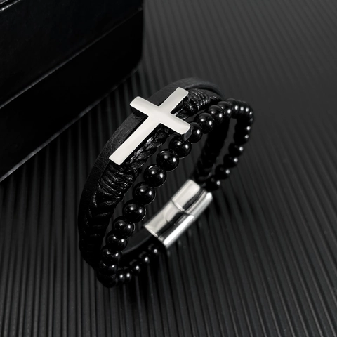 Men Multi-Layer Bracelet Braided Leather Cord Circular Beads Stainless Steel Cross Religious Charm Jewelry With Magnetic Clasp