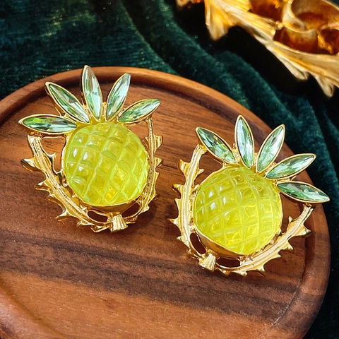 Orecchini A Lobo Vintage Fiore Ananas Con Strass Resina E Perno In Argento Gioielli Eleganti Per Donne