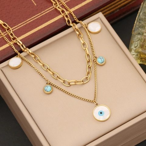 Evil Eye Schmuck Halskette Armband Und Ohrringe Edelstahl Muschel Türkis Zirkonia Doppellagig Vergoldet
