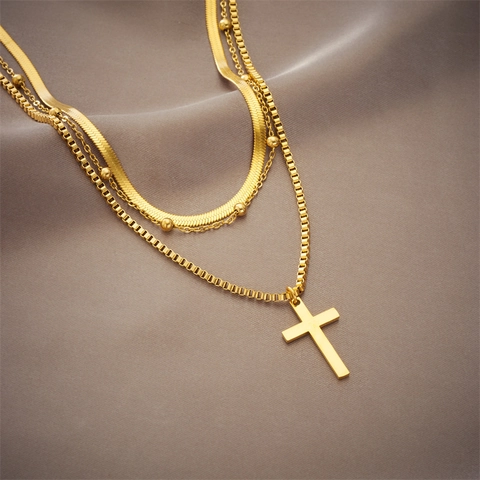 Western Minimalist Multilayer Cross Pendant Necklace For Women Titanium Steel Gold Snake Bone Chain Hip Hop Jewelry Gift