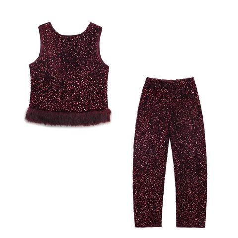 Completo Pantaloni Da Donna Con Paillettes Top Senza Maniche Con Orlo In Pelliccia Sintetica Borgogna Velluto Party