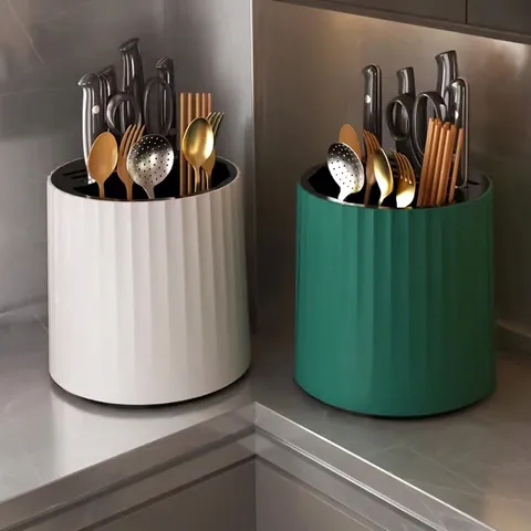 Rotating Kitchen Knife Holder Plastic Multi-functional Storage Swivel Drain Tray Modern Cylindrical Utensil Organizer